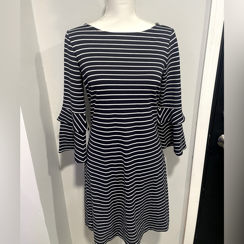 Ann Taylor Blue and White Striped  3/4 Ruffle Sleeve Knee Length Dress